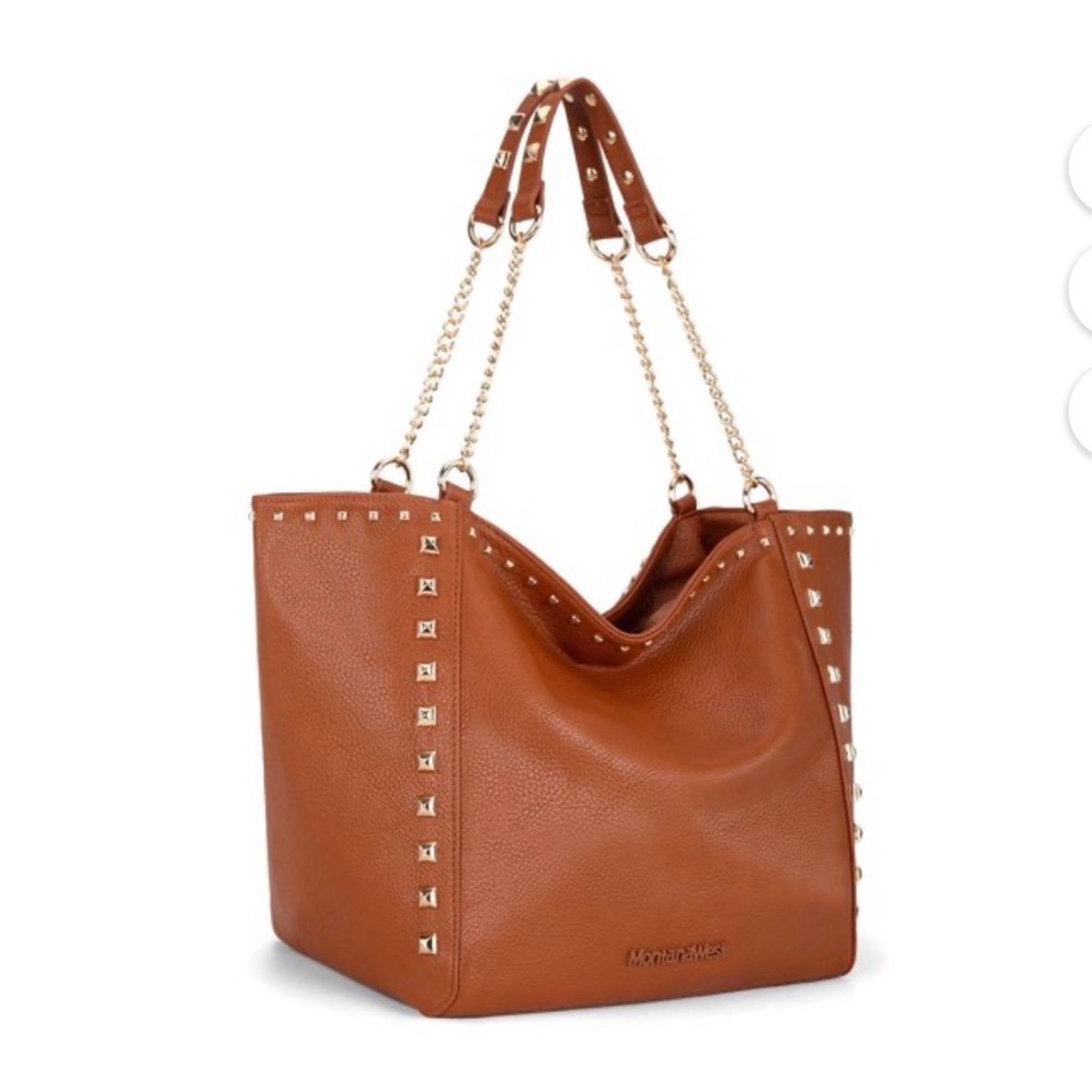 Montana West Large Tan Tote With Gold Tone Chain Straps and Studded Accents - Picture 1 of 15